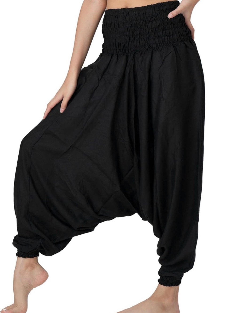 Bangkok Pants One Size Black Smocked Waist Drop Crotch Harem Boho Pants